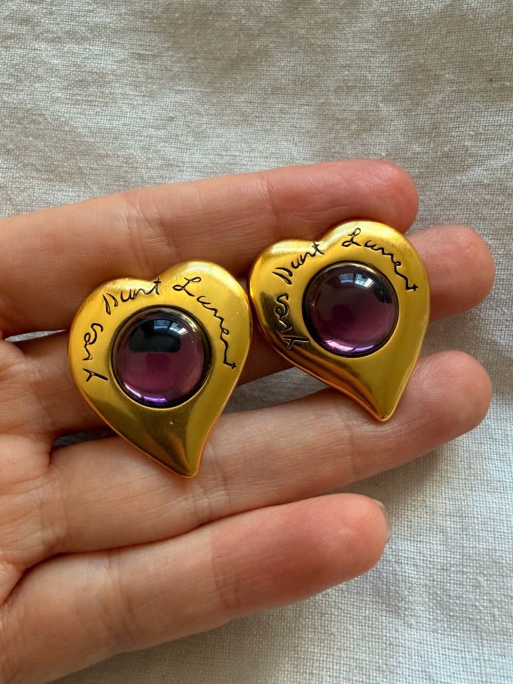 💜Yves Saint Laurent Gold Heart Earrings with Purple Cabochons✨ - Picture 4 of 9